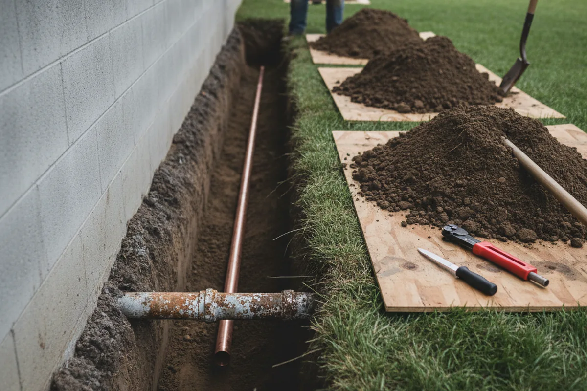 Excavated water line trench during Water Softener Installation in Mertzon